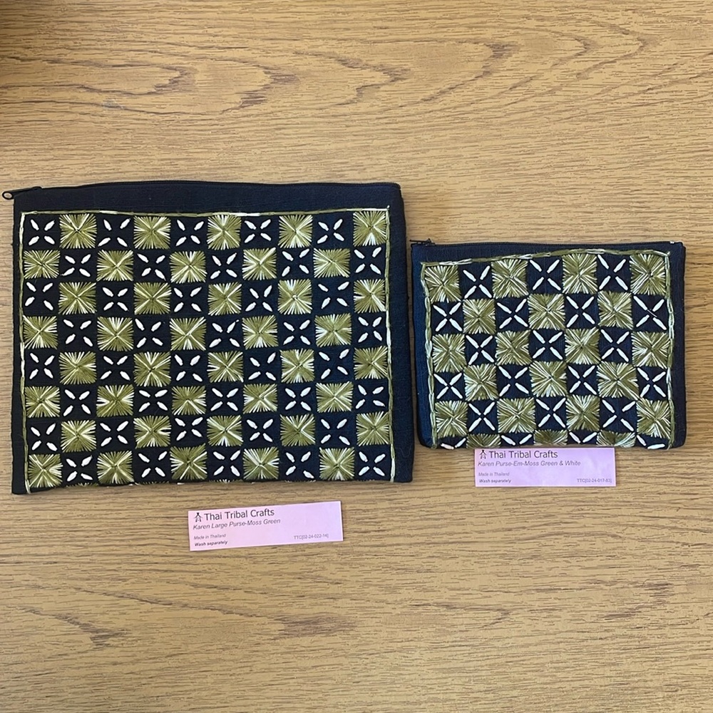 Thai Tribal Crafts Embroidered Black and Green Pouch Set